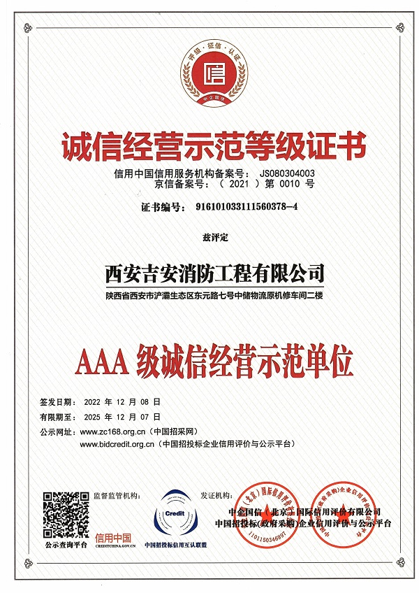 诚信经营示范等级证书